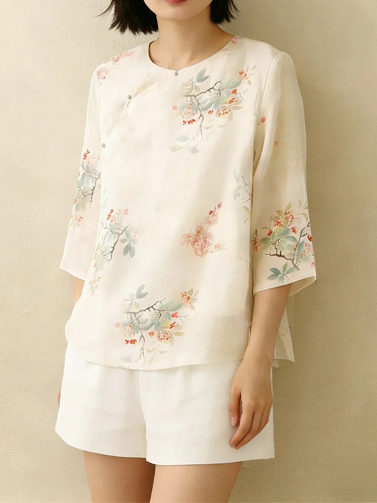 

Ретро-рубашка с принтом и круглым вырезом в китайском стиле, женская модная блузка с косой застежкой на пуговицах, дышащая, легкая, с рукавом до локтя