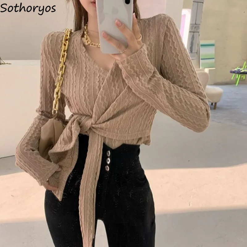 

Pullovers Women Solid Lace-up Creativity Delicate Elegant Vintage Korean Style Popular Ladies All-match Daily Simple Sweet New