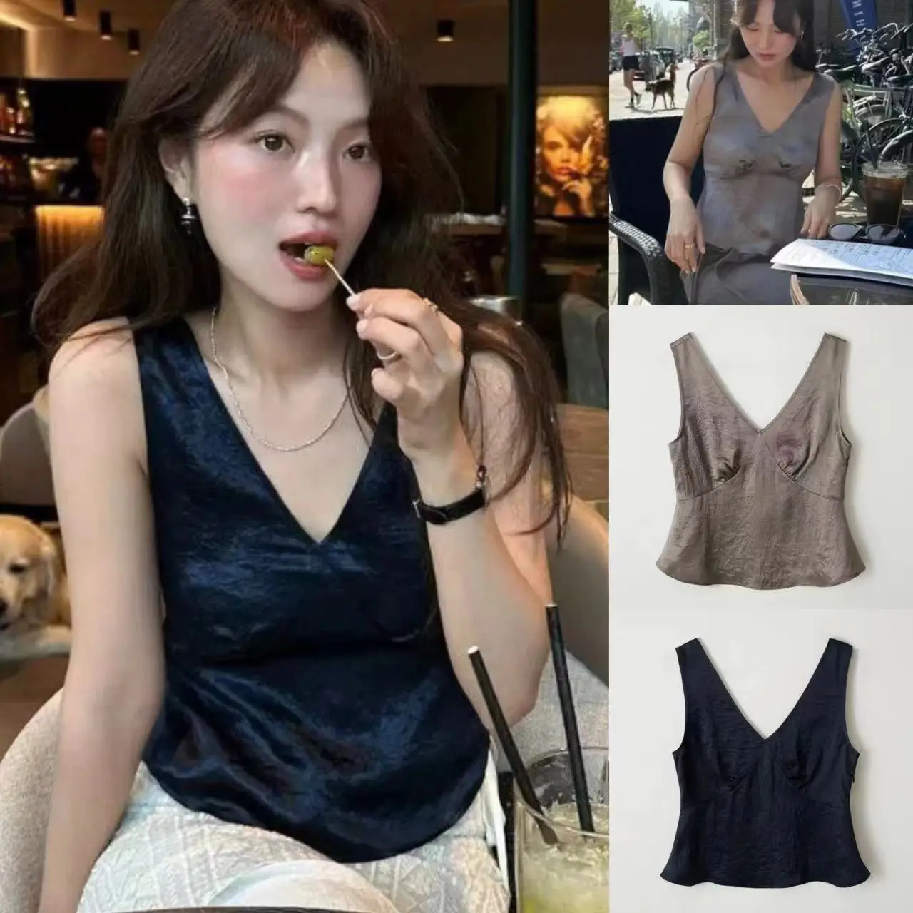 

Высококачественный шелковый топ с V-образным вырезом, утягивающий, однотонный, в стиле ретро, корейский повседневный летний модный женский топ-майка, быстрая доставка