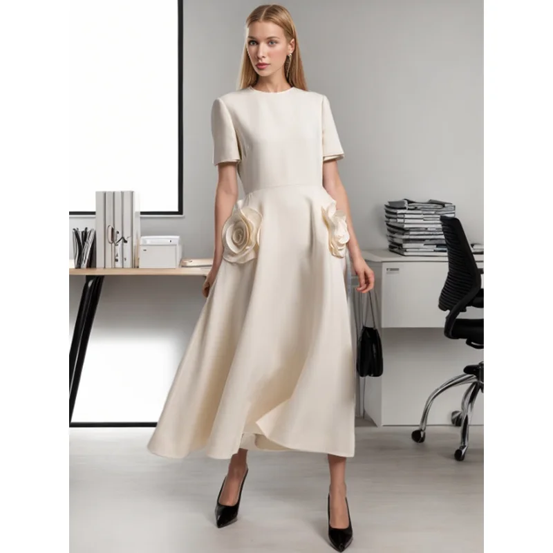 

French Style 3d Stereo Flower Patchwork Long Skirt 2025 New Arrival O Neck Short Sleeve Slim Long Midi Dress Women