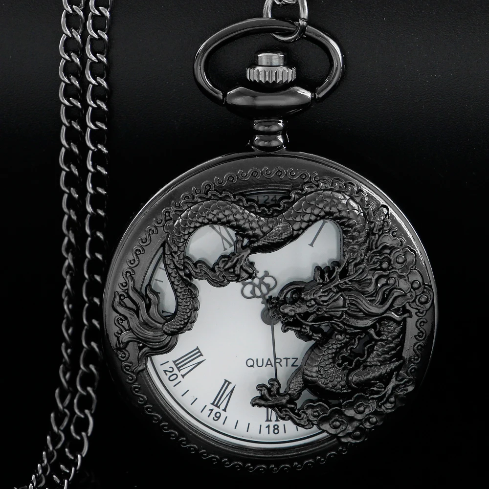 

2023 New Black Texture Flying Dragon Hollow Quartz Pocket Watch Men's Necklace Pendant Clock Women's Jewelry Accessories Gift