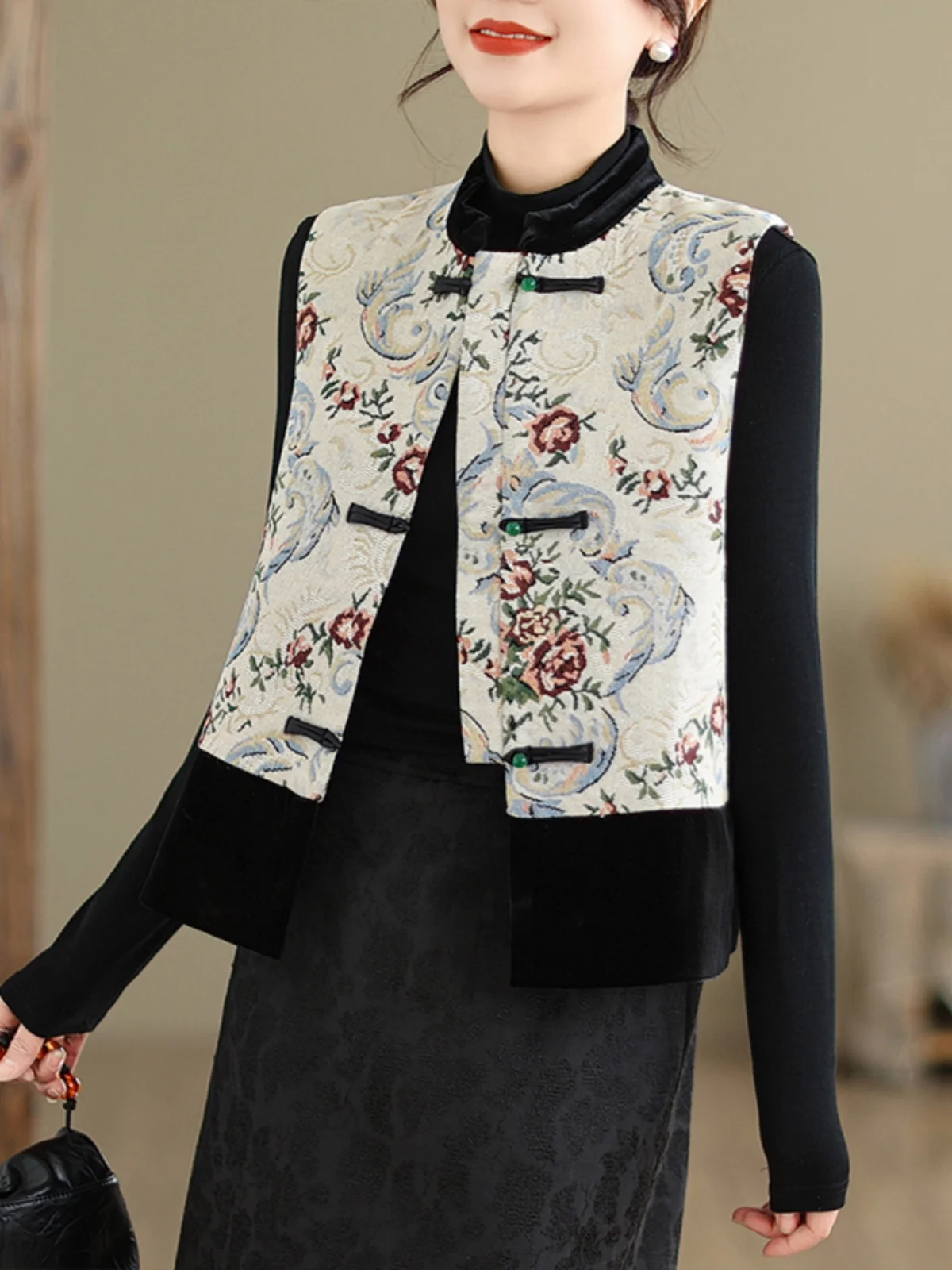 

New Chinese Sle Floral Print Women's Vest Spring New Retro Button up oulder Coat Improved Tang Costume Top Cotton Blend