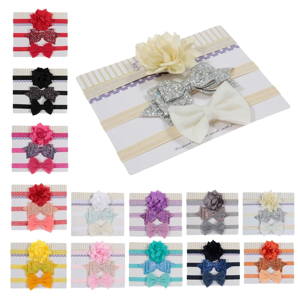 3pcs/lot Sequin Felt Bow Flower Elastic Headbands Kids Photography Props Baby Girls Cute Headwear Christmas Gift Sets