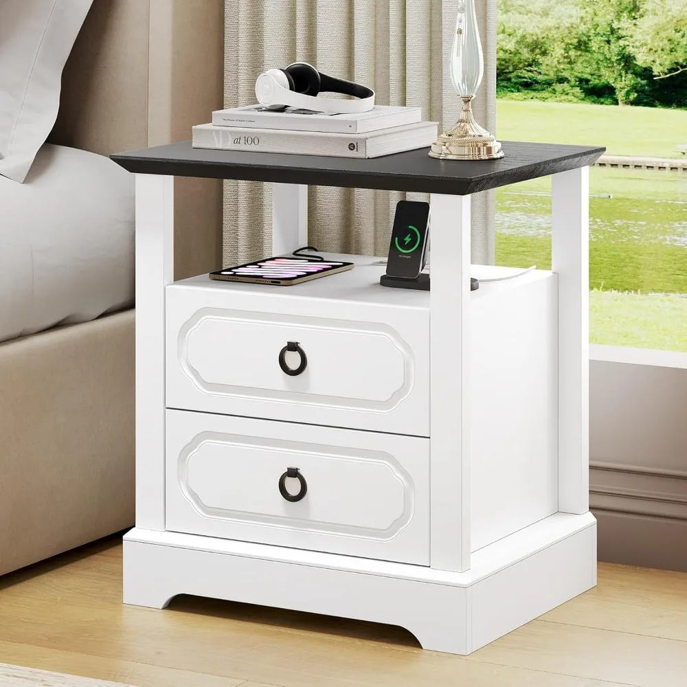 

21.3" Farmhouse Nightstand with Charging Station, Modern End Table with 2 Drawers & Open Shelf, Wood Side Table with Storage
