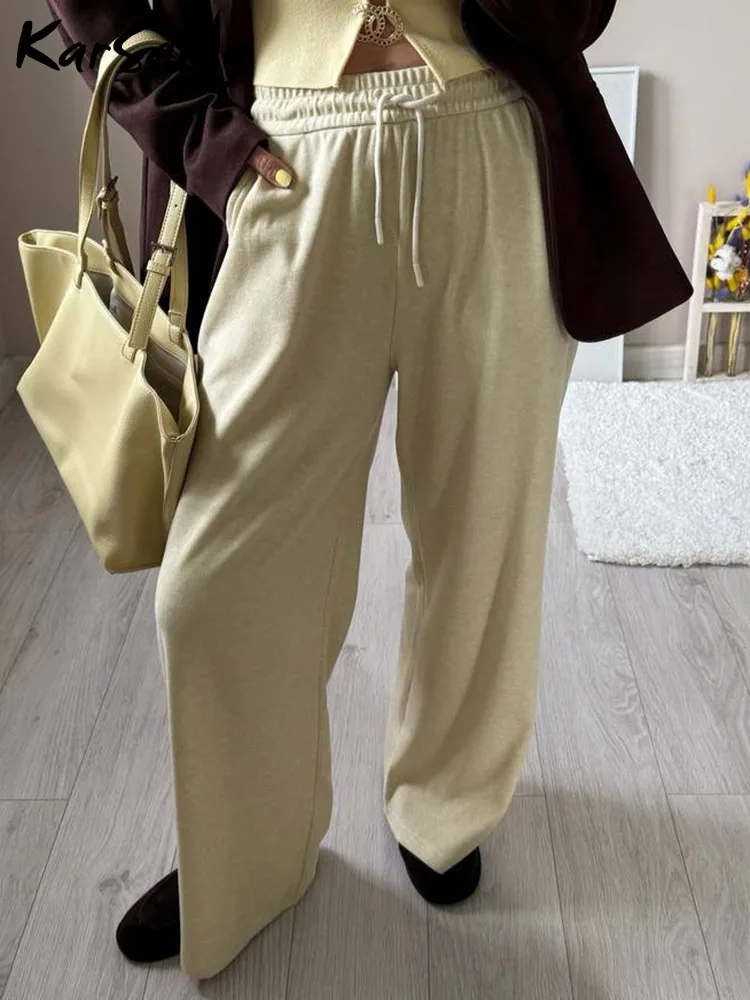 

KarSaNy Long Wide Pants Women Tie Up Trousers Yellow Solid High Waist Wide Leg Sweatpants Spring Women's Loose Casual Pants
