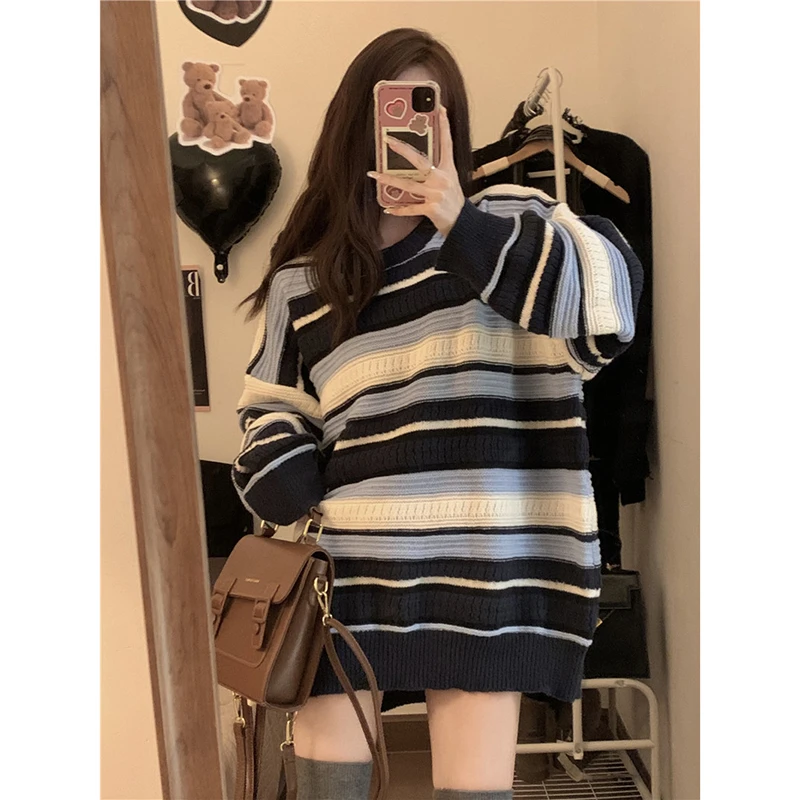 

Retro Japanese Sle Color Blo Soft Cozy Striped Sweater Women's Spring Autumn Loose Lazy Sle Mid-Length Overhead Knitwear