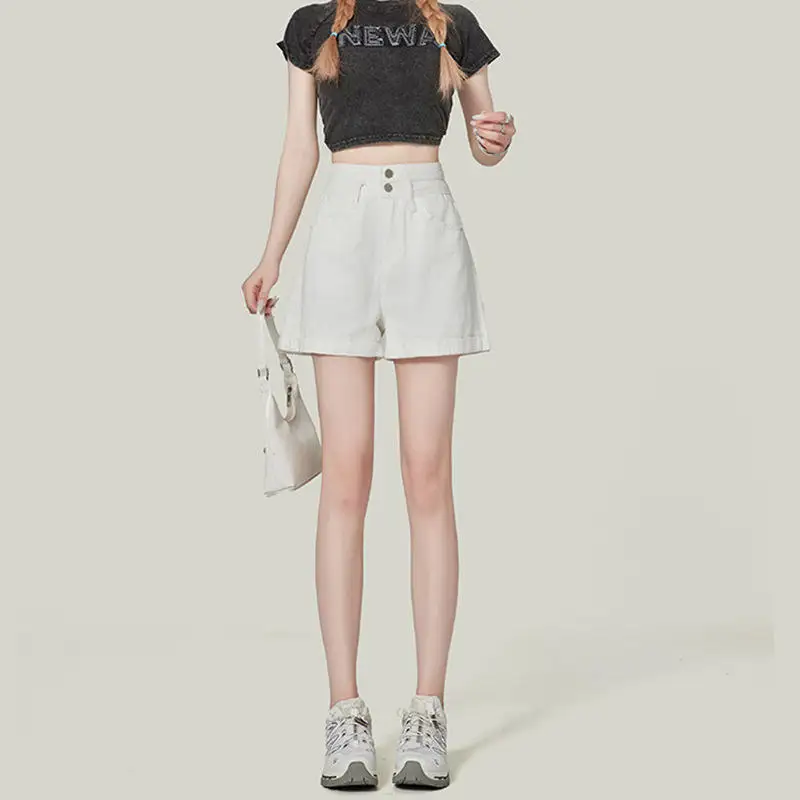 Trendy Double Buckle Cuffed Denim Shorts Women's Straight Leg Slimming Hot Pants Summer New Style High Waist Wide Leg