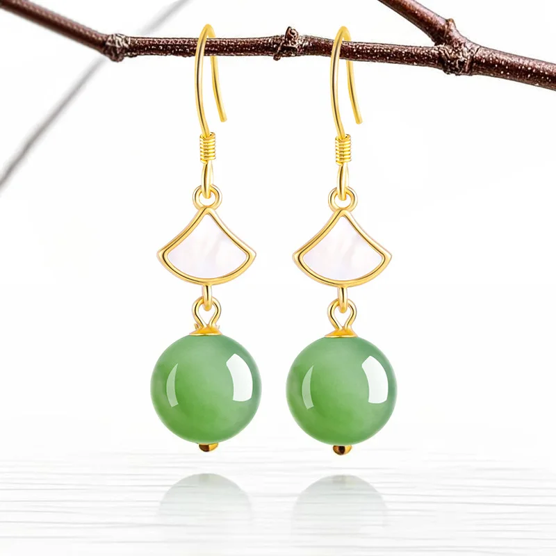 

New Spinach Green S925 Silver Natural Hotan Jade Jasper Round Bead Earrings Jade Temperament Fashion Senior Women's Jewelry