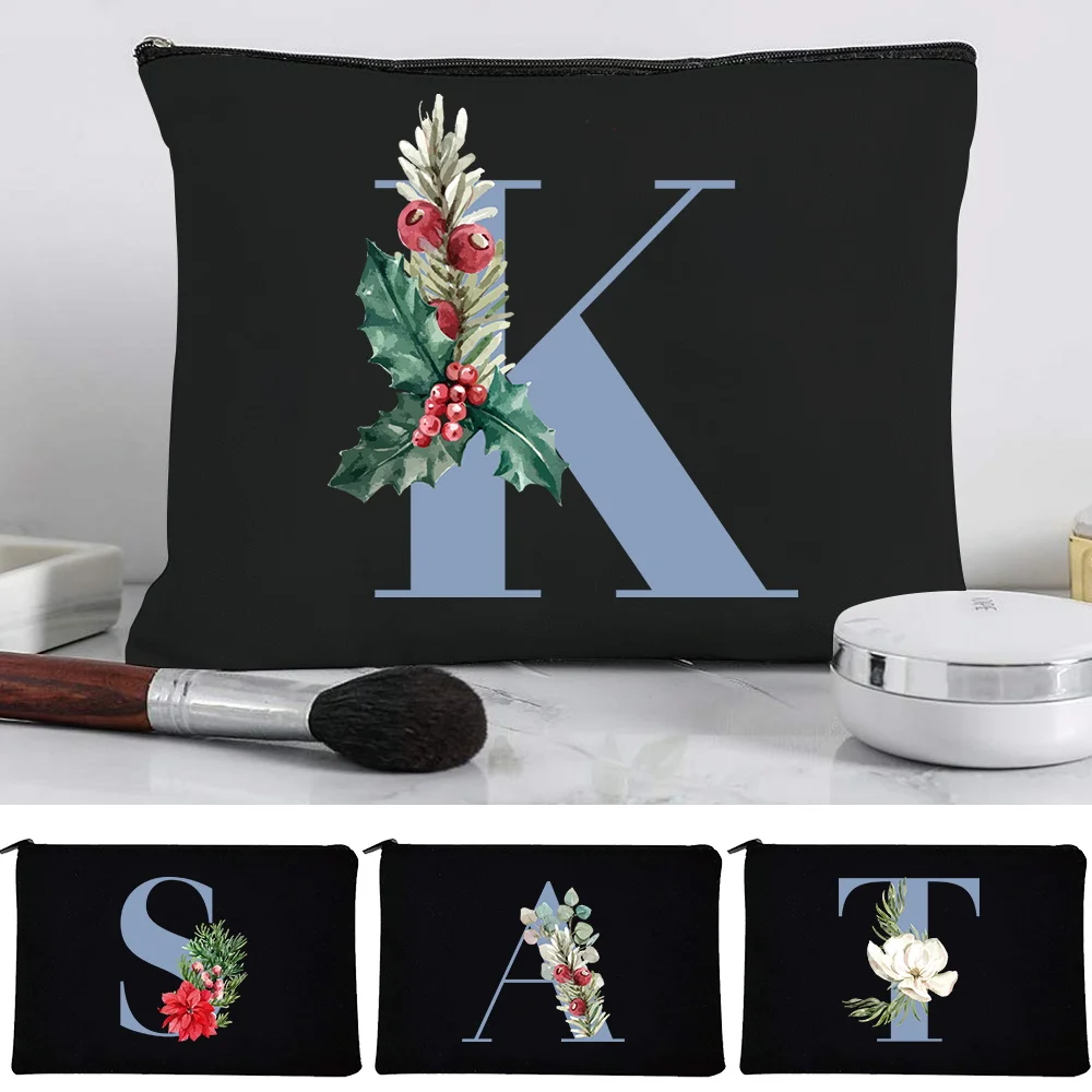 Black Zip Flat Canvas Clutch With Blue Letter Print Womens Simple Pouch for Travel Office School Essentials