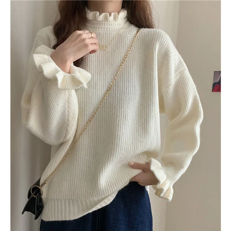 Women Ruffles Thicken Warm Sweater Mock Neck Flare Sleeve Sweet Pullovers Solid Casual Sweater For Women 2024 Fall Winter