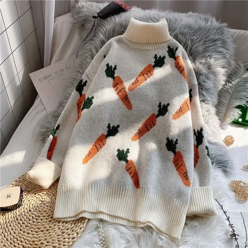 EBAIHUI Knitted Sweater Women Carrot Pattern Long Sleeve Pullover Loose High-necked Blue Yellow Sweater Autumn Winter 2020