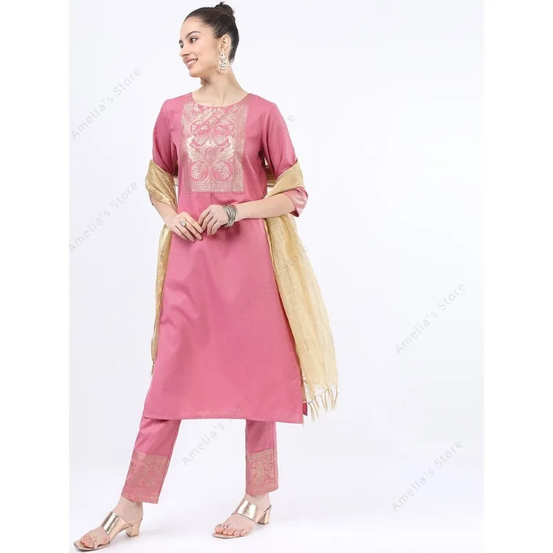 طقم كورتا وردي نسائي هندي/باكستاني مكون من 3 قطع ملابس عرقية بدلة قميص سالور كاميز مزيج من القطن مع دوباتا