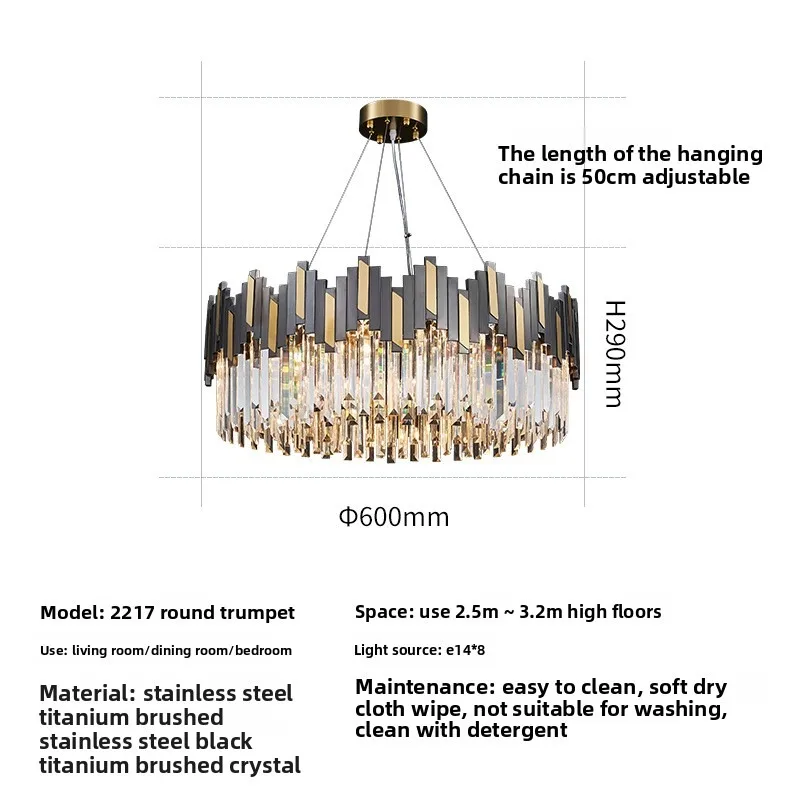New Style Light Luxury Stainless Steel Black Living Room Chandelier, Modern Simple Crystal Lamp Decoration Lighting Fixtures