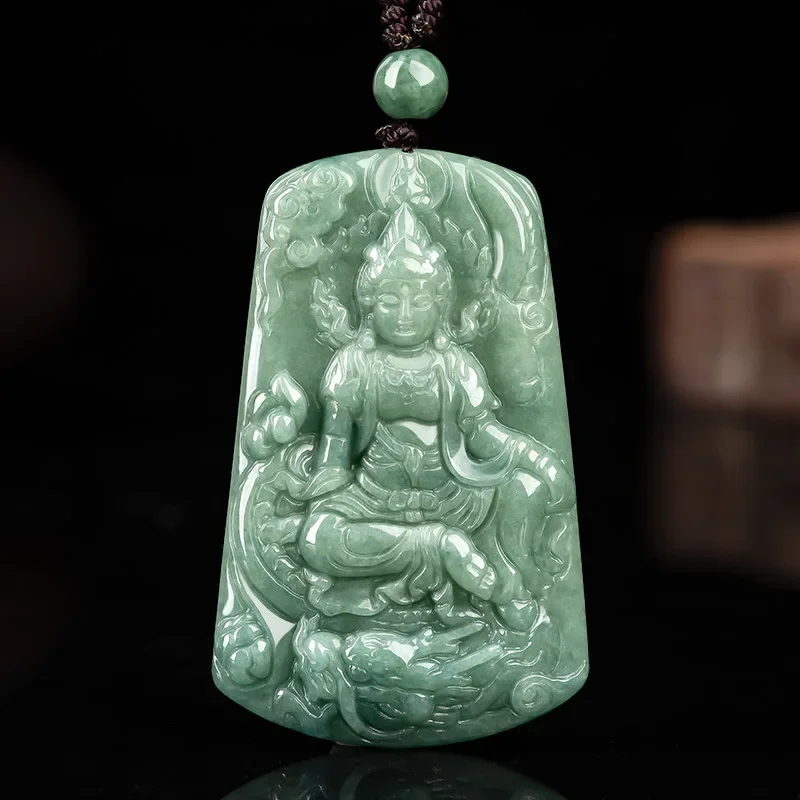 

Natural A Cargo Emerald Hand -carved Ride Dragon Guanyin Pendant Fashion Boutique Jewelry Men's and Female Zodiac Jade Necklace