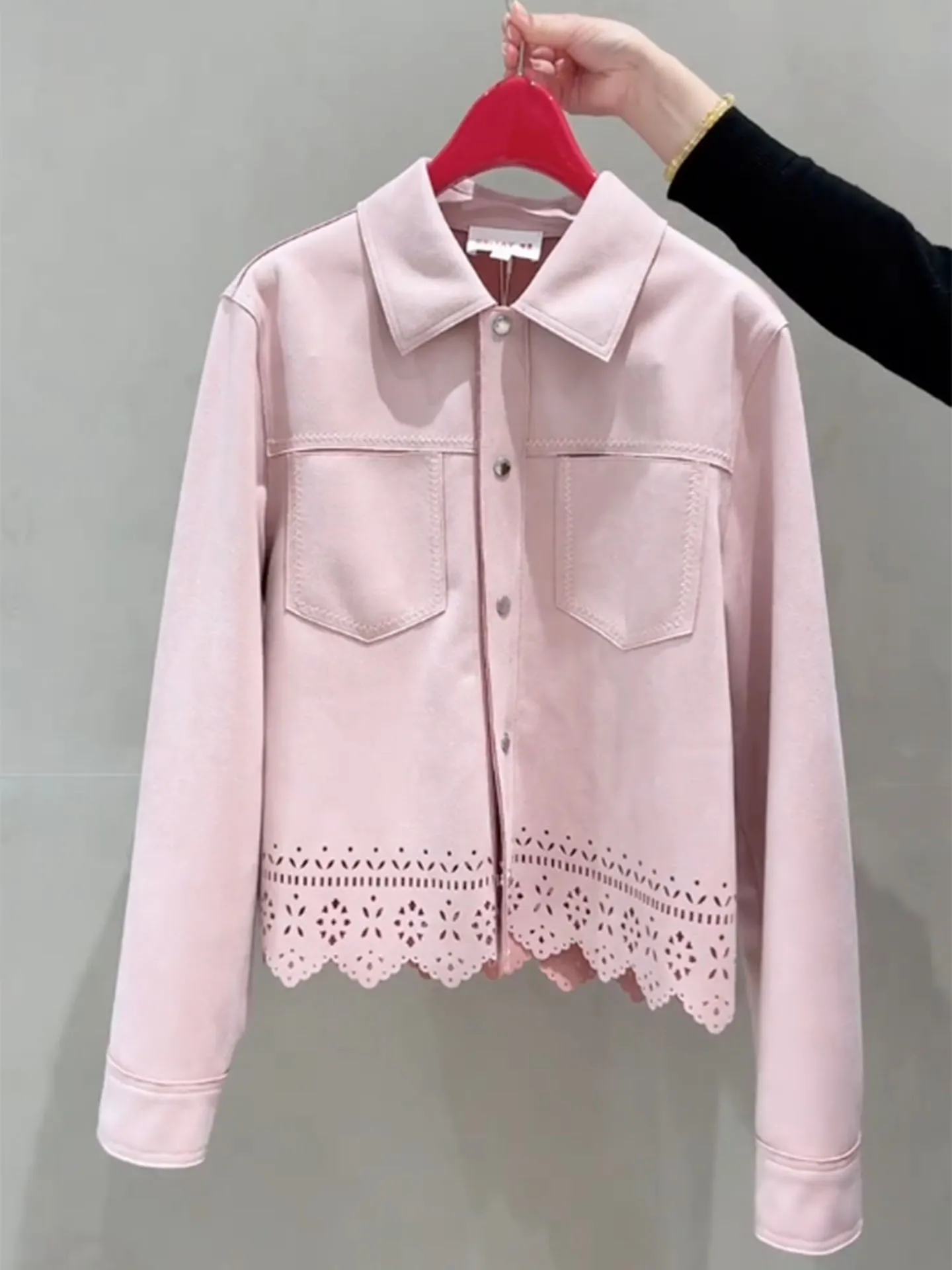 

Новая женская весенняя куртка Sweet Sle 2026 года с вырезами, розовая, с откидным воротником, мягкая, высококачественная, дизайнерская, стильная верхняя одежда