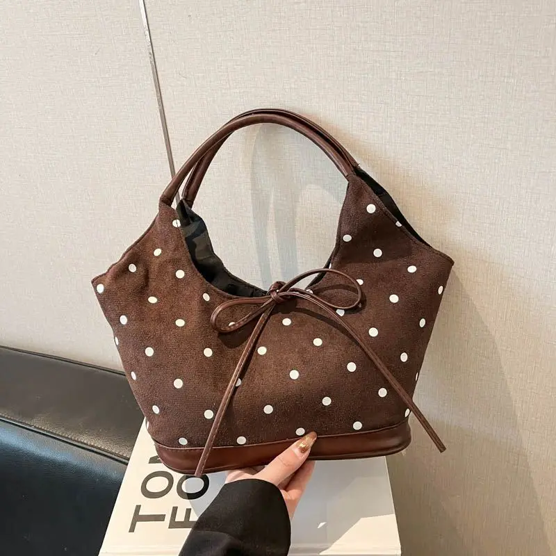 

Новая женская сумка с бантом в горошек, большая вместительная сумка для повседневных поездок, сумка через плечо с ремешком на подмышку, сумка-тоут.