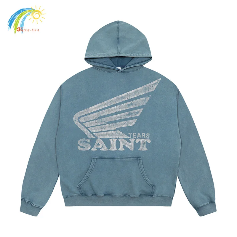 24FW Classic Crack Letters Logo Print Saint Tears Hoodie Men Women Heavy Fabric Vintage Washed Blue Black Oversized Pullovers