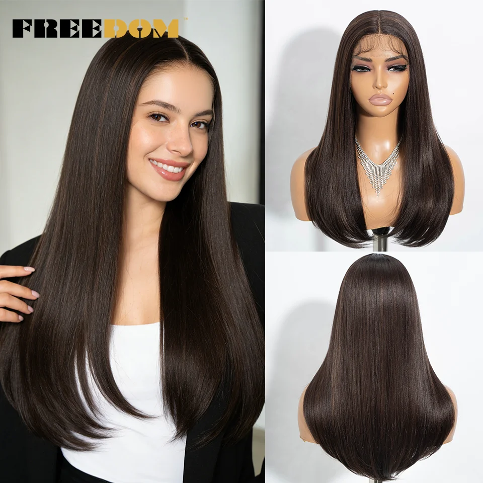 FREEDOM Straight Synthetic Lace Front Wigs For Women Medium Long Bob Lace Wig 22 Inch Ombre Brown Blonde White Cosplay Wigs