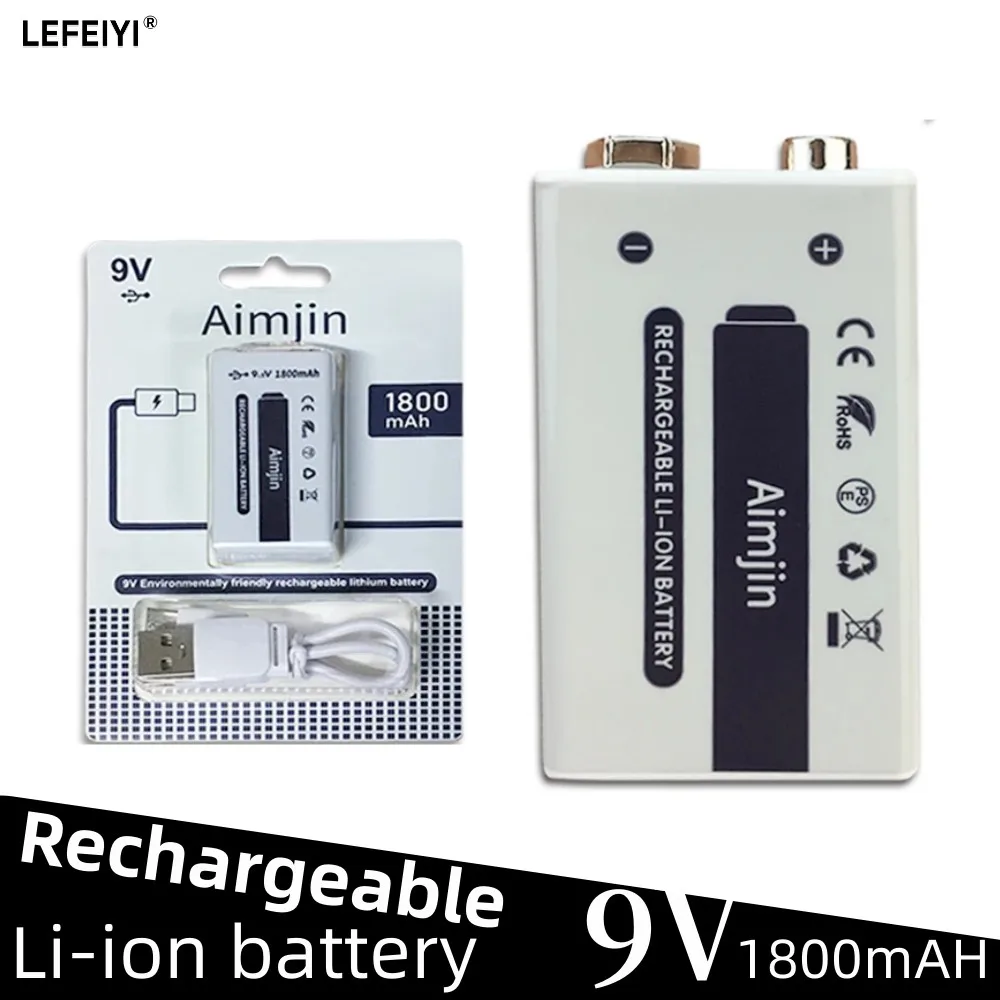 9V Battery 1800mAh Li-ion Rechargeable Battery Type-C Battery for Multimeter Microphone Toy Remote Control