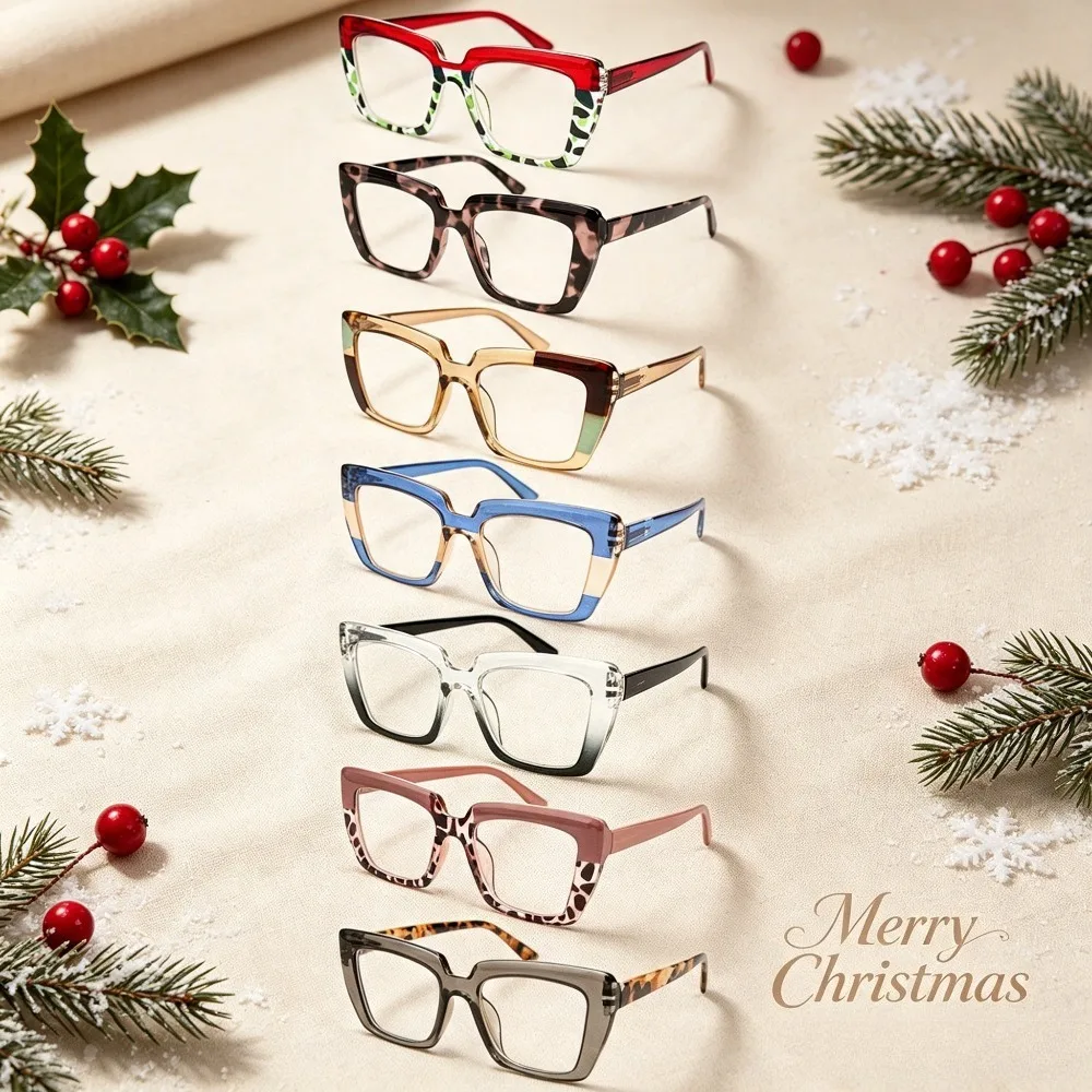 7-Piece Women's Reading Glasses with Large Square Frames - Over-the-Counter Daily and Special Occasion Glasses for Driving, Partying, Work - Compatible with Presbyopia for Halloween and Christmas Gifts in Random Colors