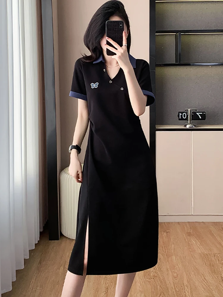 

Women Elegant Bodycon Office Lady Dress Summer Black Knitted Short Sleeve Polo Collar Midi Dress 2025 Korean Bodycon Party Dress