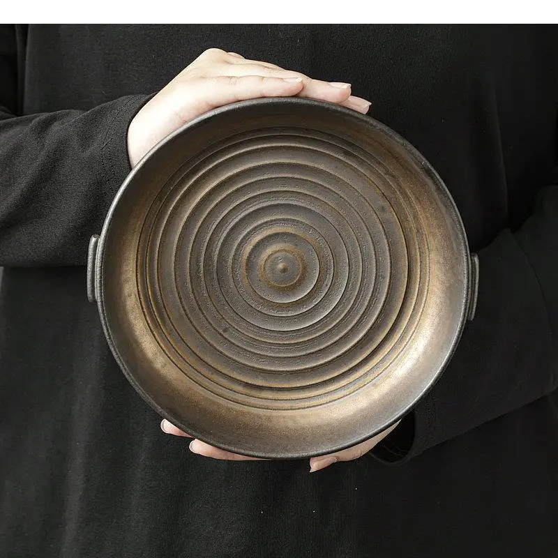 Retro Ceramic Double Ear Plate Restaurant Deep Dessert Pasta Plates Salad Specialty Tableware