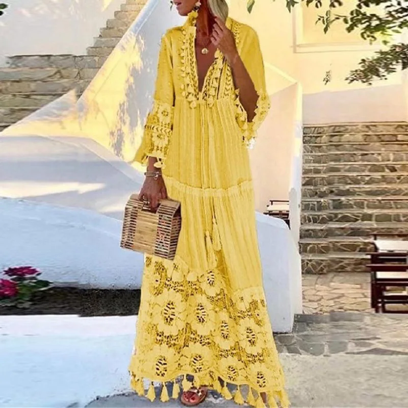 

Spring and summer new bohemian style lace tassel splicing beach vacation temperament long dress dress sexy temperament elegant h