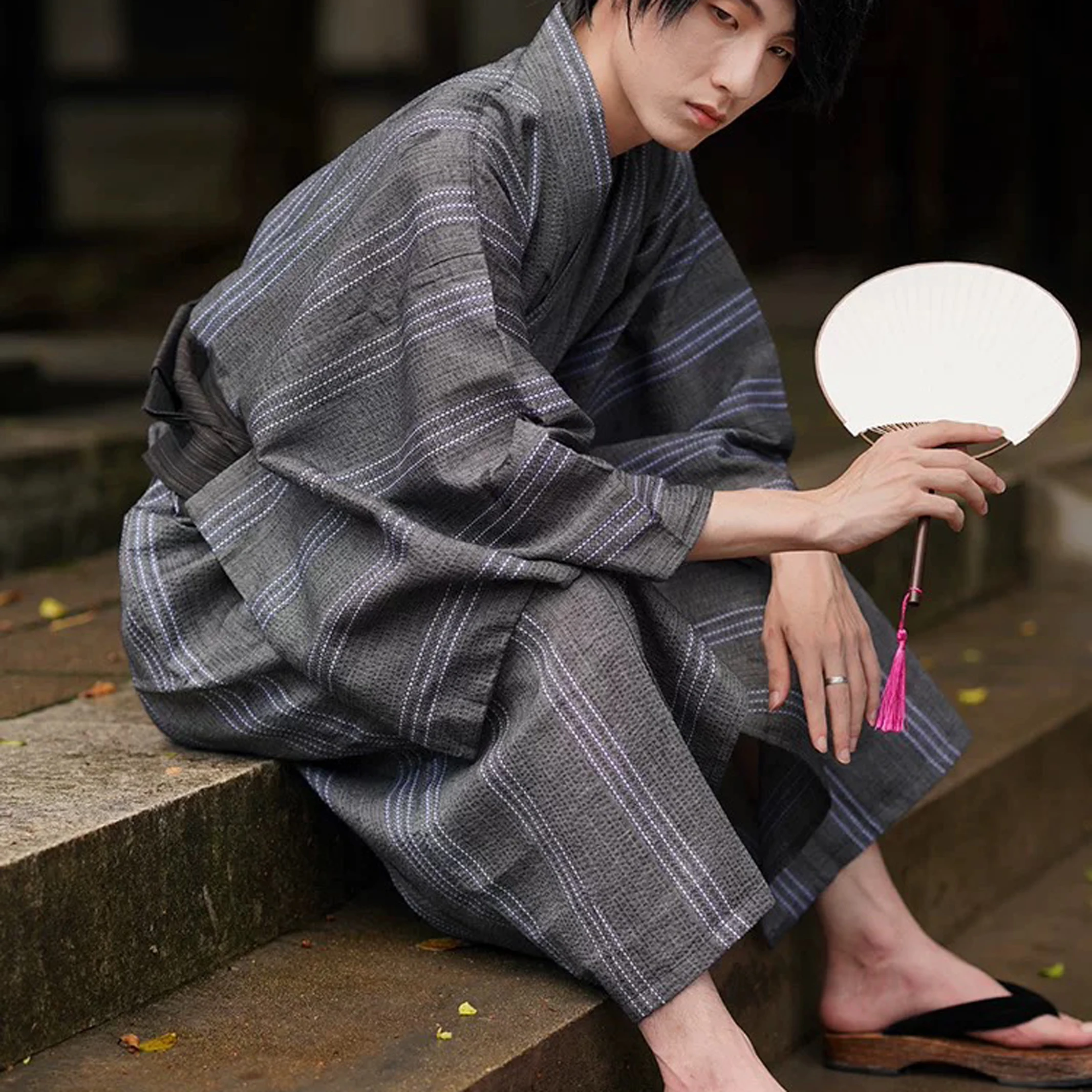 Summer Grey Japanese Traditional Samurai Kimono For Men Yukata Bathing Robe Hekoobi Loose Style Homewear Belt Long Gown Cotton