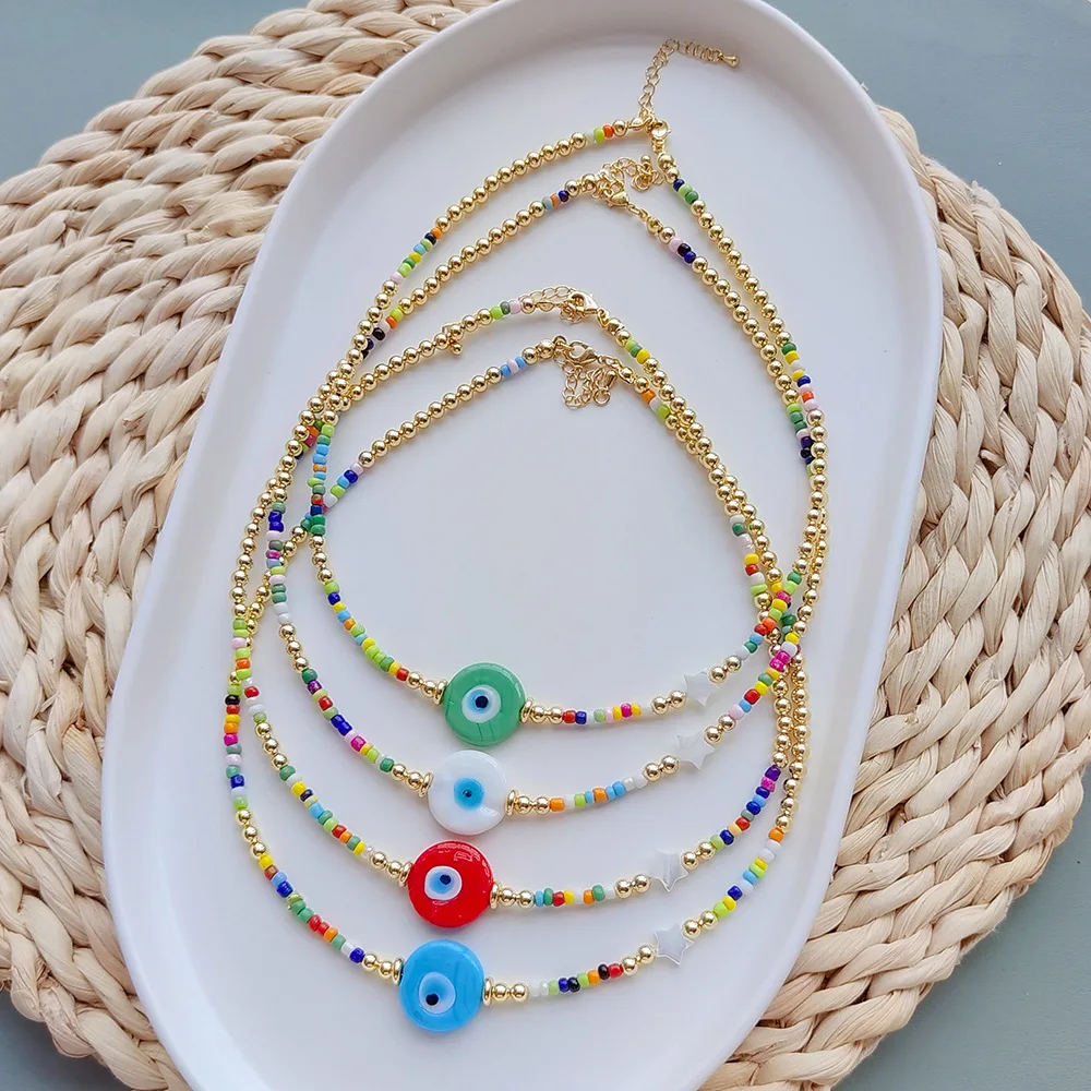 

Rice bead necklace Creativity Eye Pendant Star Shell Bohemia Hand weaving Adjustable Female Fashion Simple Beaded necklace