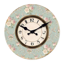 Retro Romantic Pink Rose Blue Background Pattern Wooden Wall Clock Living Room Bedroom Kitchen Home Decoration Wall Clock Silent Quartz Clock Holiday Gift 10 Inches 12 Inches 14inch 16inch (No Battery)
