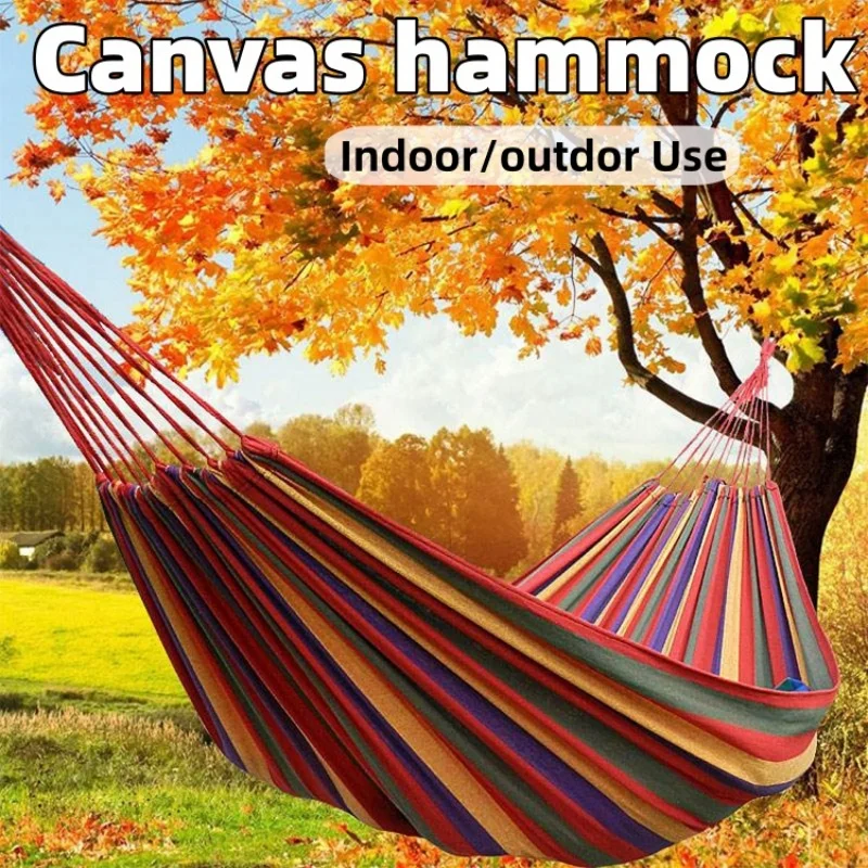 2025 Outdoor Canvas Hammock Swing Single Double Person Colorful Stripes Curved Stick Polyester Anti-Slip Patio Garden Relaxation