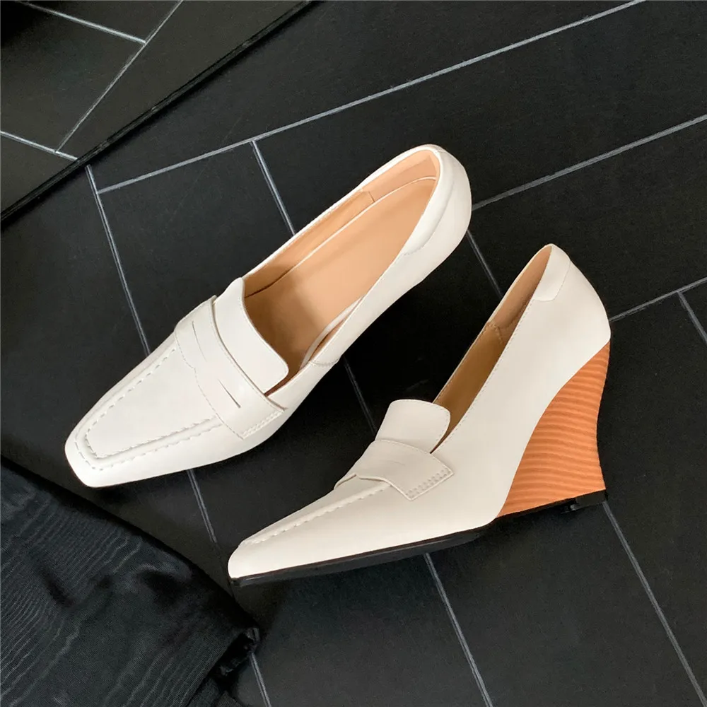 MILI-MIYA Classic Super High Wedges Women Cow Leather Pumps Round Toe Slip On Solid Color Plus Size 34-40 Dress Party Shoes