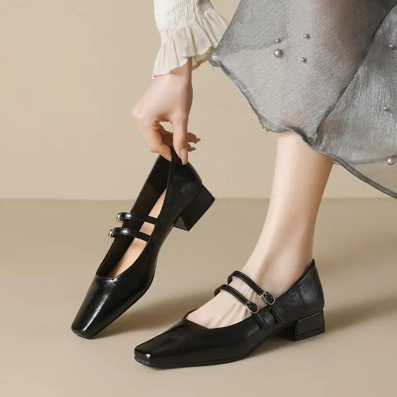 

2025 New women's outerwear shoes Square toe design Mary Jane shoes Ladies casual high heels Work boat shoes