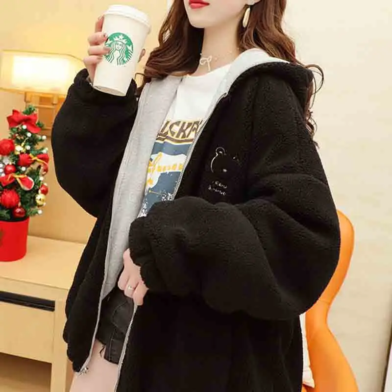 Women's Korean Trendy Loose Autumn And Winter New All-match Casual Cardigan Trendy Women's Positive And Negative Lamb Wool Tops