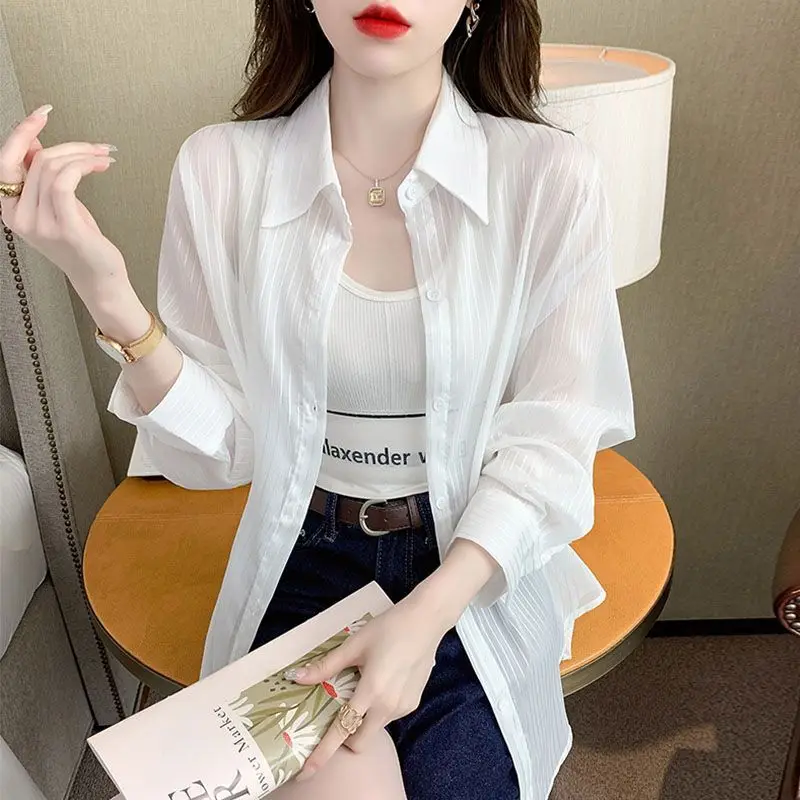 Black Top Elegant Chic Summer Blouse for Women Long Sleeve Transparent Youth Korean Fashion Casual Loose Women\'s Buttoned Shirts