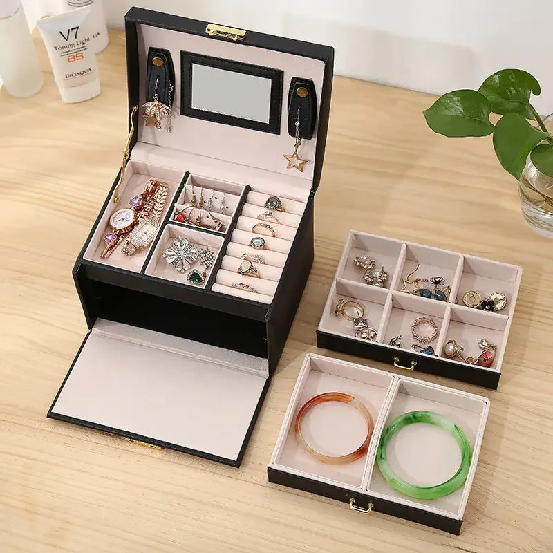 New Princess-style Leather Jewelry Box with Mirror Cosmetic Holder  Jewel Case Upscale Jewelry Organizer Birthday Wedding Gift