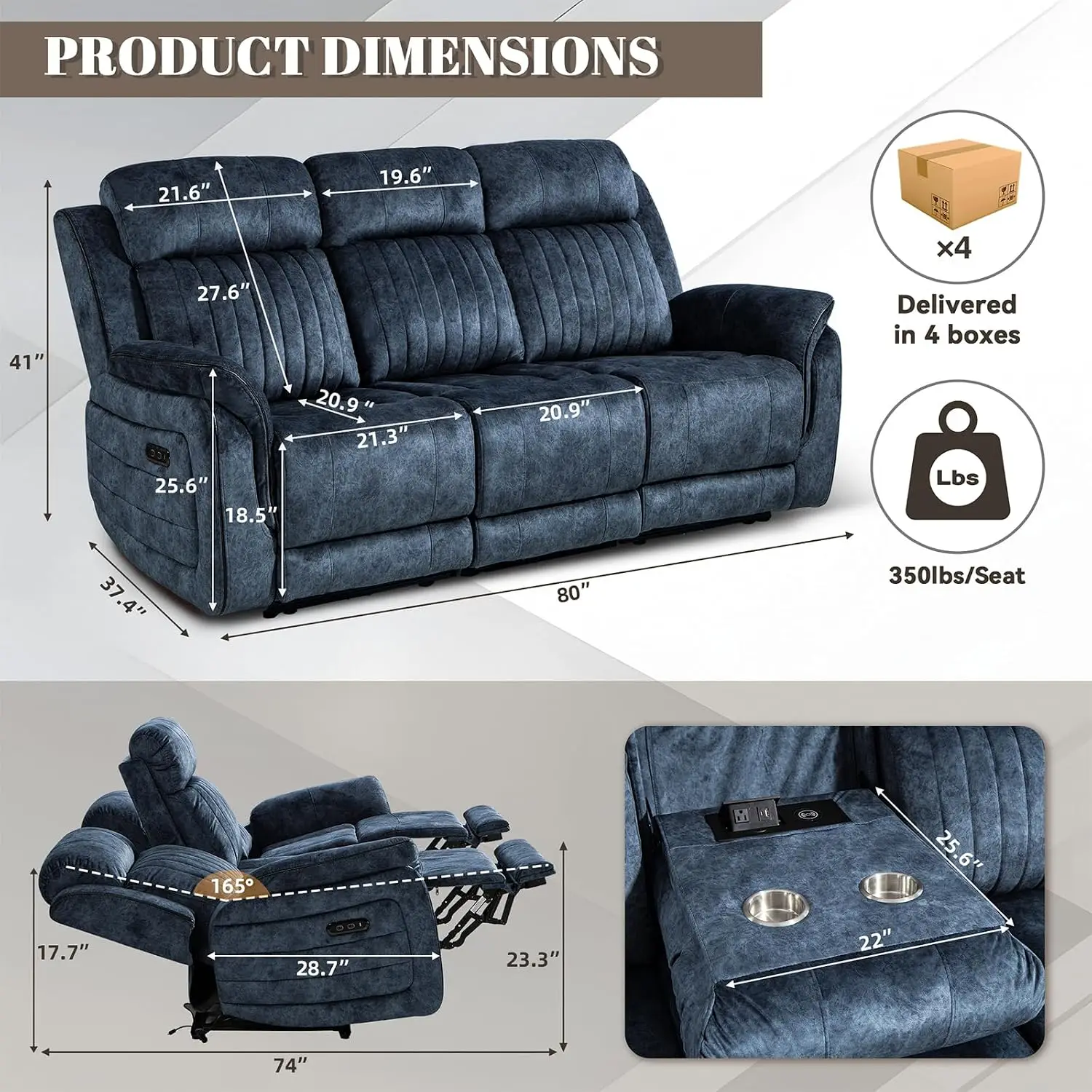 Zero Gravity Power Recliner Sofa Couch – Electric Reclining Sofa with Drop Down Table & Wireless Charging, 3 Seater, Customized