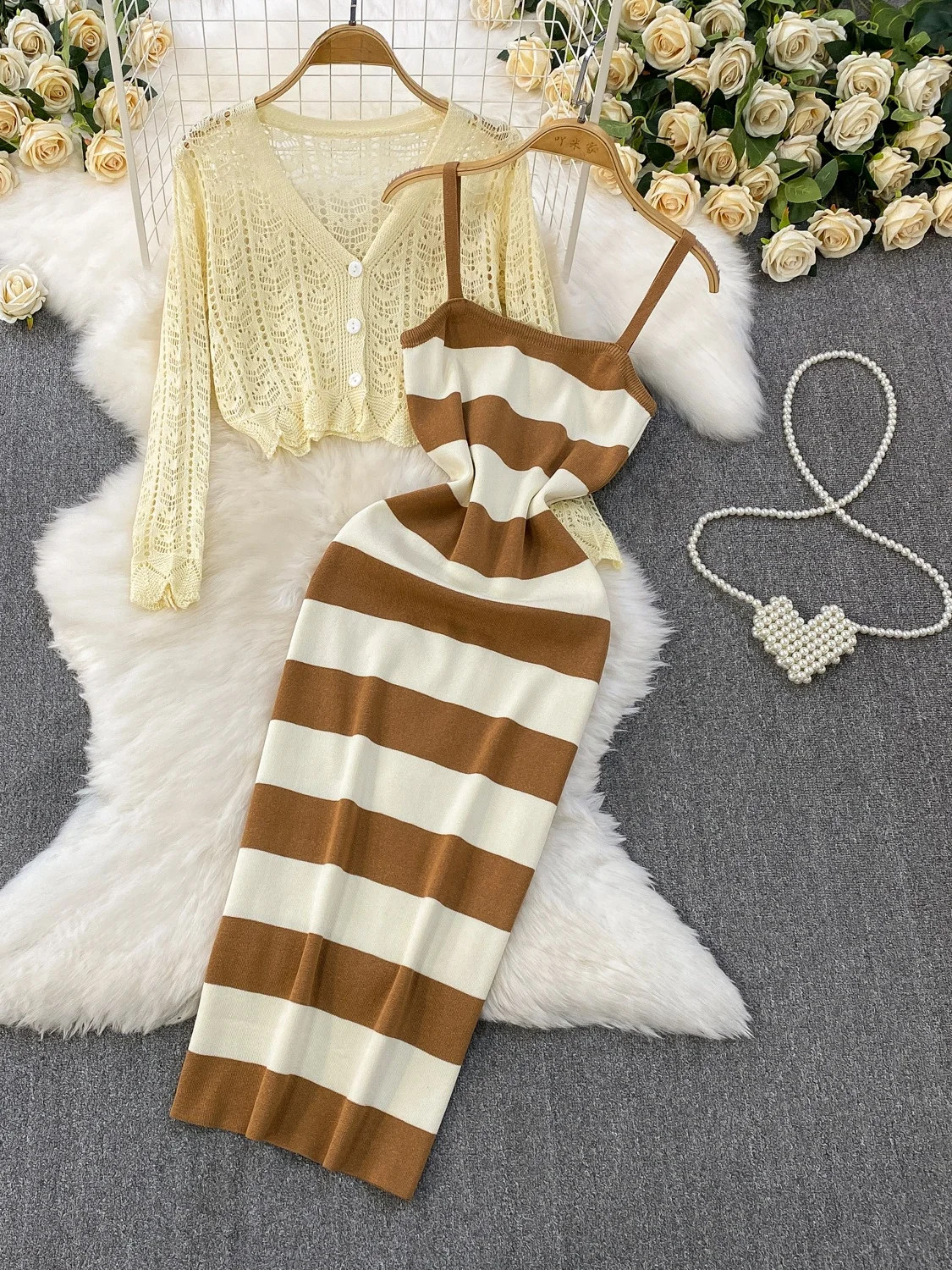 Coreano Sle V-Ne Hollow lavorato a maglia lungo Sve Protezione solare ort Cardigan Cappotto Stripe Ele Strap Dr Set per le donne