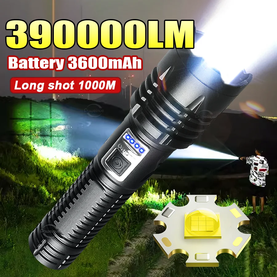 390000LM Ultra Bright Led Flashlight High Power Floodlight Torch USB Rechargeable Emergency Flashlights Waterproof Handheld Lamp