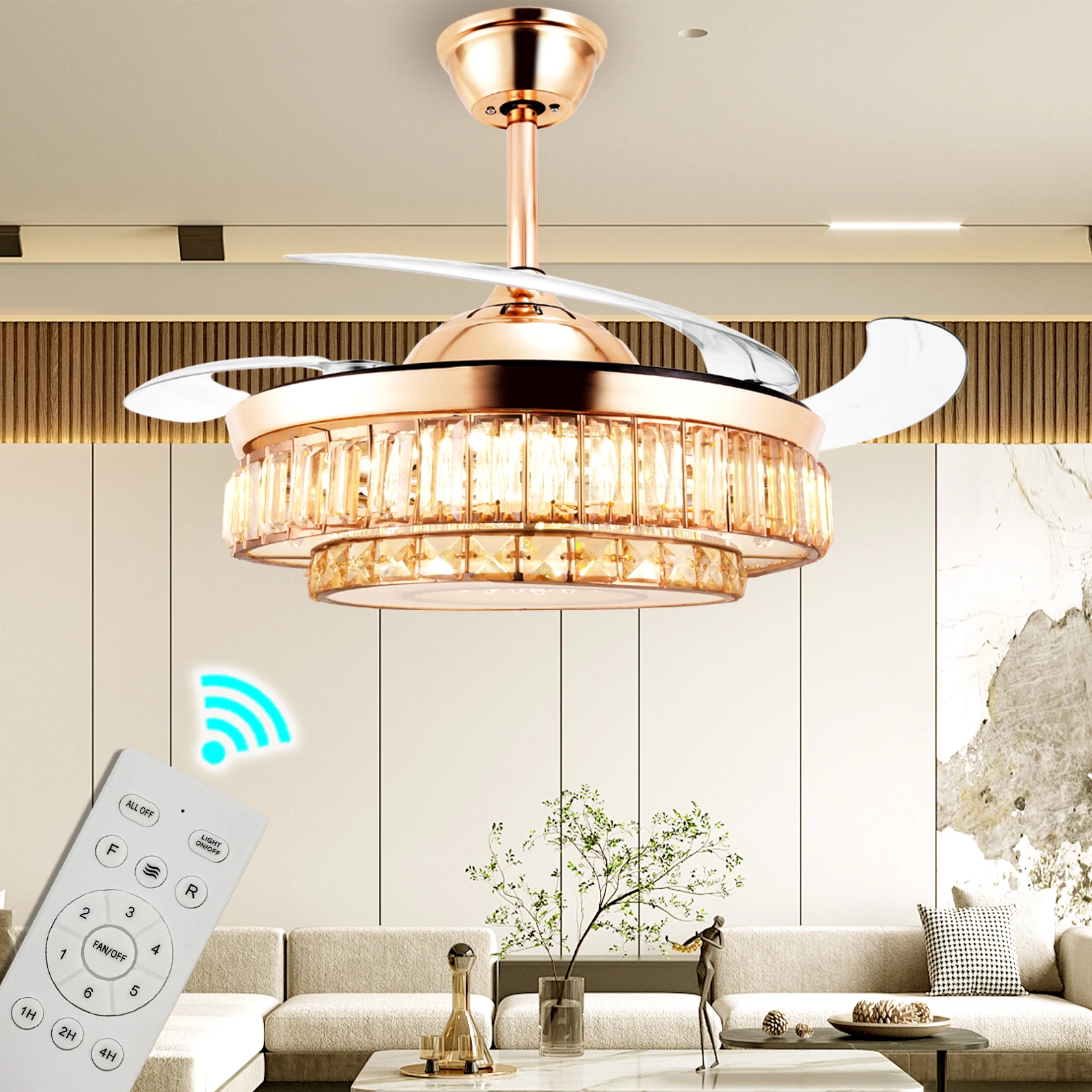 

42-дюймовый потолочный вентилятор с люстрой, золотой выдвижной хрустальный вентилятор для люстры, двусторонний пульт дистанционного управления с регулируемой яркостью для столовой, гостиной
