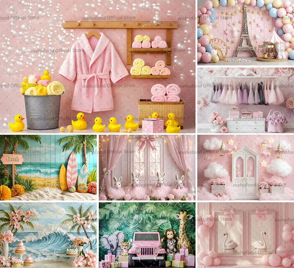 Mehofond photographie fond rose chambre château de crème glacée ballon fille gâteau d'anniversaire Smash Portrait décor toile de fond Photo Studio