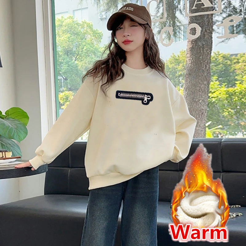Tweens Girl Winter Insulated Beige Sweatshirt with Fleece Lined Kids Children Warm Thermal Hoodie Outfit with Zipper Embroidery