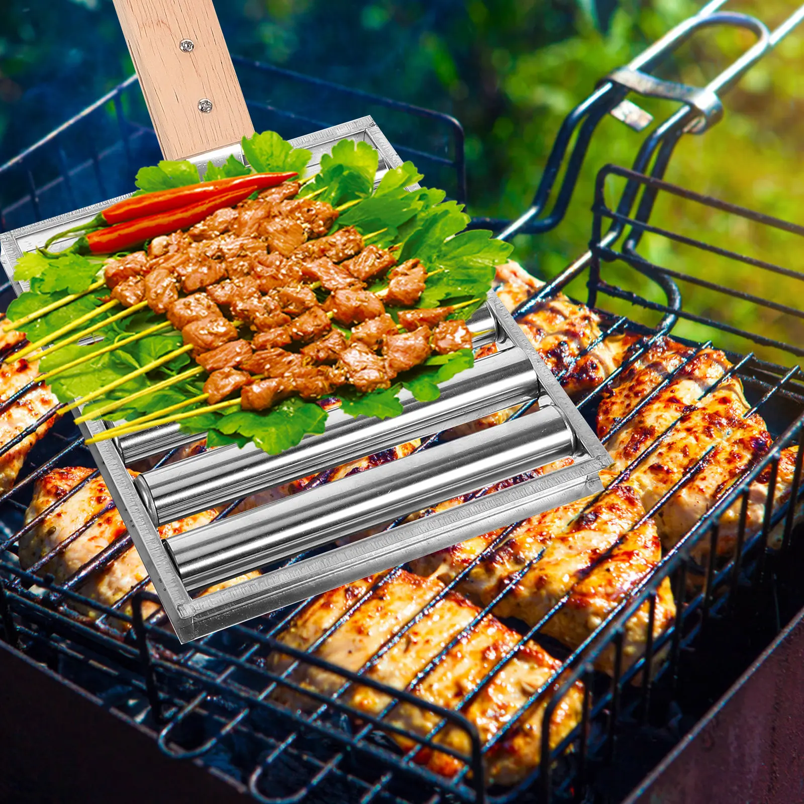 

Sausage Roller Stainless Steel Grill Rack Outdoor Bbq Folding Barbecue Stand Compact Lightweight for Camping Bonfire Picnic