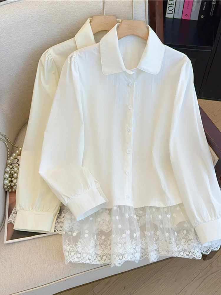 Chemises et chemisiers blancs en dentelle Patchwork pour femmes, Y2k des années 90, Vintage coréen Harajuku des années 2000, chemise élégante à manches longues, vêtements poubelle
