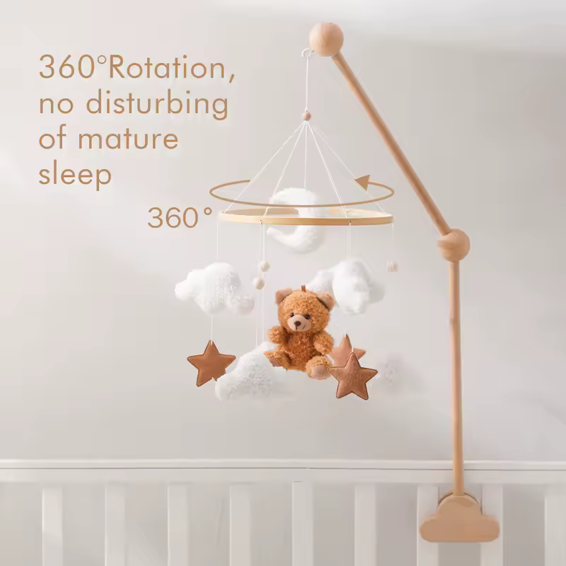 Wooden Crib Mobile Baby Bed Bell Rattle Toy Soft Felt Cartoon Bear Mobile bracket Newborn Music Box Bed Bell Hanging Bracket Toy - Image 2
