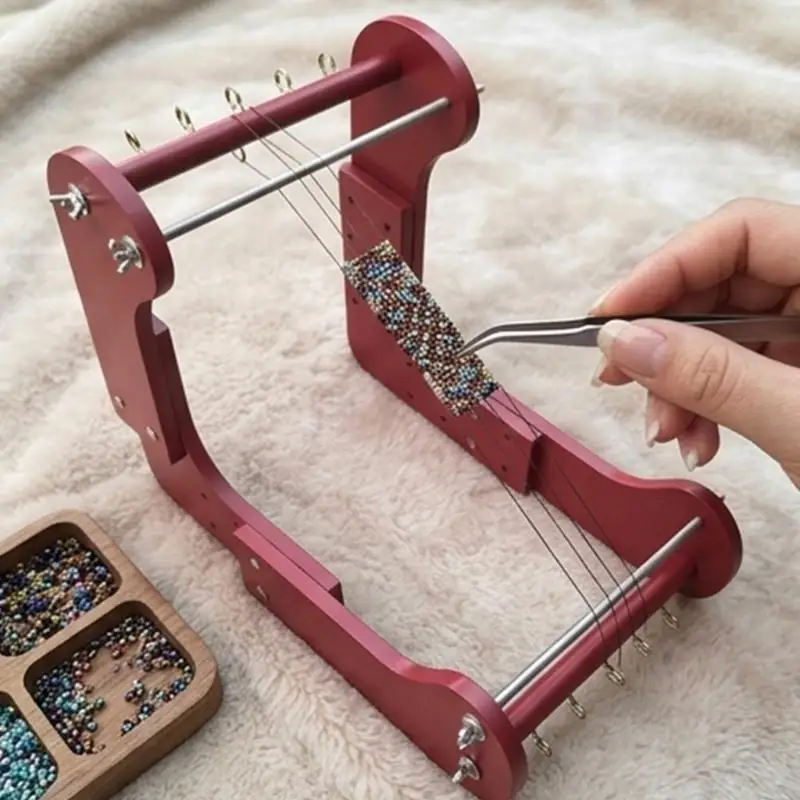 Adjustable Wooden Bead Loom for Tabletop Jewelry Weaving Tasks 