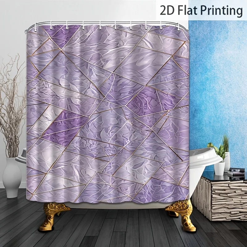 2D Flat, 2D Flat, 1pc with Hook, Purple Geometric Pattern, 2D Flat Shower Curtain, Machine Washable, High-End Elegant Bathroom C