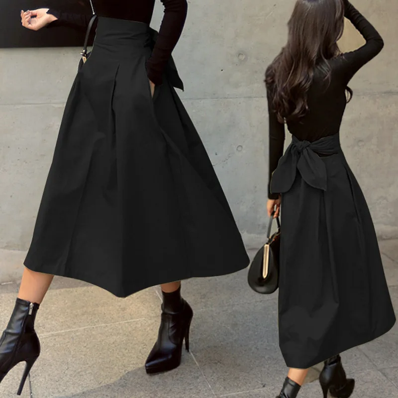 Korean Style A-Line Skirt Spring Autumn High Waist Belted Maxi Skirt with Bow Detail Women's Fashion Half-length Skirts