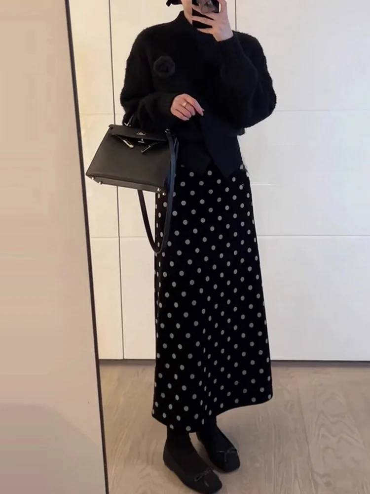 

Корейская бархатная юбка-миди трапециевидной формы с высокой талией в горошек, женская осенне-зимняя винтажная утягивающая универсальная юбка f-длины