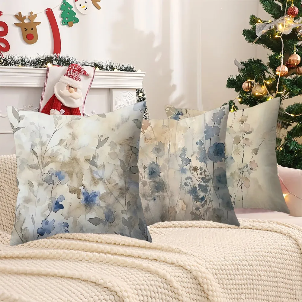 4 Fundas  Almohada con Diseño Floral  Pintura al Índigo | Estilo Minimalista Morno, Diseño Floral en Tonos Azules, Poliést